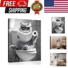 Cat Bathroom Canvas Wall Art Funny Animal Bathroom Wall Art Cat on the Toilet...