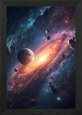 Vibrant Galaxy with Planets and Ast Framed Wall Art Poster Canvas Print Picture