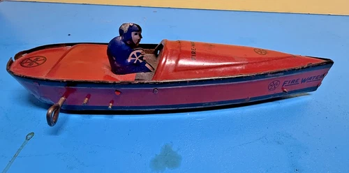 MARX TIN LITHO WIND UP CLOCKWORK FIRE WATER SPEED BOAT