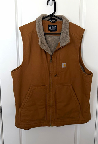 Carhartt Brown Sherpa Lined Zip Front Vest w/ Pockets Stand-Up Collar XL