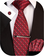 Plaid Men's Tie Silk Necktie and Pocket Square Cufflink Tie Clip Set Checkered