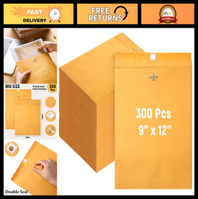 300 Pcs Brown Kraft Clasp Envelopes 9x12 Inch, Heavyweight 28lb, Gummed Seal