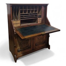 Antique Walnut Secretaire Bureau - Large Carved Victorian Storage Writing Desk