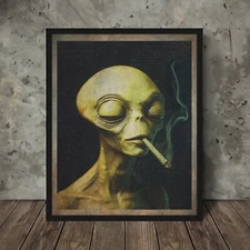 Vintage ALIEN CANNABIS Wall Art, 420 Cryptid Pothead Decor, UFO Sci-fi Drug Gift