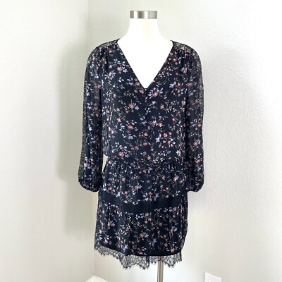 Joie Womens Small Auggie Floral Lace Dress 100% Silk Long Sleeve V Neck |  eBay