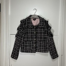 Sister Jane Tweed Jacket Black Pink Plaid Button Glitter Size Small Women’s