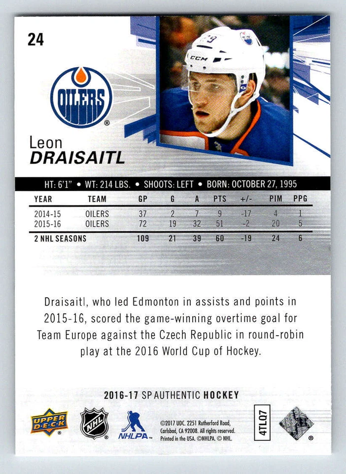 2016-17 SP Authentic #24 Leon Draisaitl (ref 197194) - Image 2 of 2