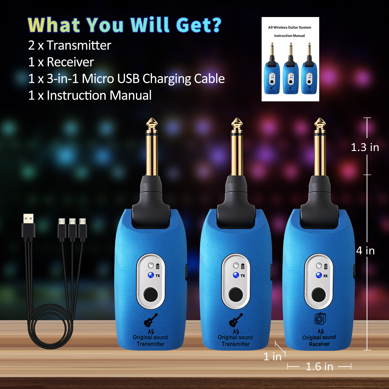2.4GHz Dual Transmitter Digital Wireless Guitar System Transmitter Receiver Blue