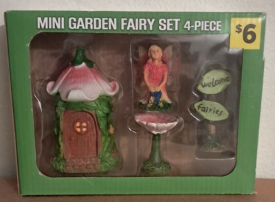 Mini Garden Fairy Set 4 Piece Flower House Welcome Sign Bird Bath Figure Box UB5