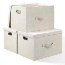 Large Collapsible Storage Bins With Lids 3 Pack Linen Fabric Foldable Storage Bi
