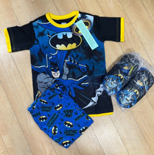 BATMAN Boys 2 Piece Pajama Set with Slippers Blue Size 8 SHORE SLEEVE- NEW
