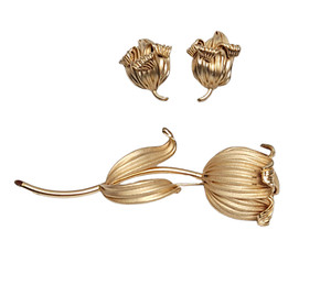 Authentic Bergere Gold Plated Flower Brooch And Matching Clip on Earrings