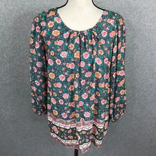 LC Lauren Conrad Floral Tunic Top Blouse Size M  3/4 Sleeve Ruffle Border Print