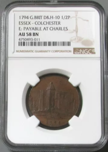 1794 GREAT BRITAIN 1/2 P ESSEX-COLCHESTER WARELY CONDER TOKEN NGC AU 58  D&H 10