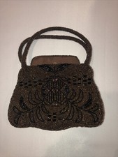 VINTAGE BEAUTIFUL BROWN BEADED MINI HANDBAG WITH FLORAL DESIGNS.