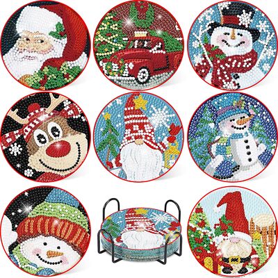 8Pcs Christmas Diamond Art Coasters with Holder for Adults Craft Supplies