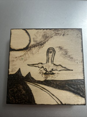 4 X 4 X 1 Inch Wood Burned Plane Flying Over Mountains, Road With Clouds