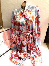 Victoria's Secret Kimono Luxe Satin Lace Short Robe Blue Blossom Floral XL NWT