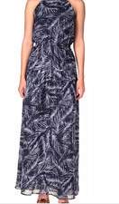 MICHAEL KORS NWT $185 Halter Maxi Dress Size Petite Large Palm Leaf Navy Lined