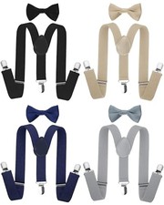 4 Set Mens Suspenders and Bow Tie Set for Adults Black, Navy Blue, Beige, Gray