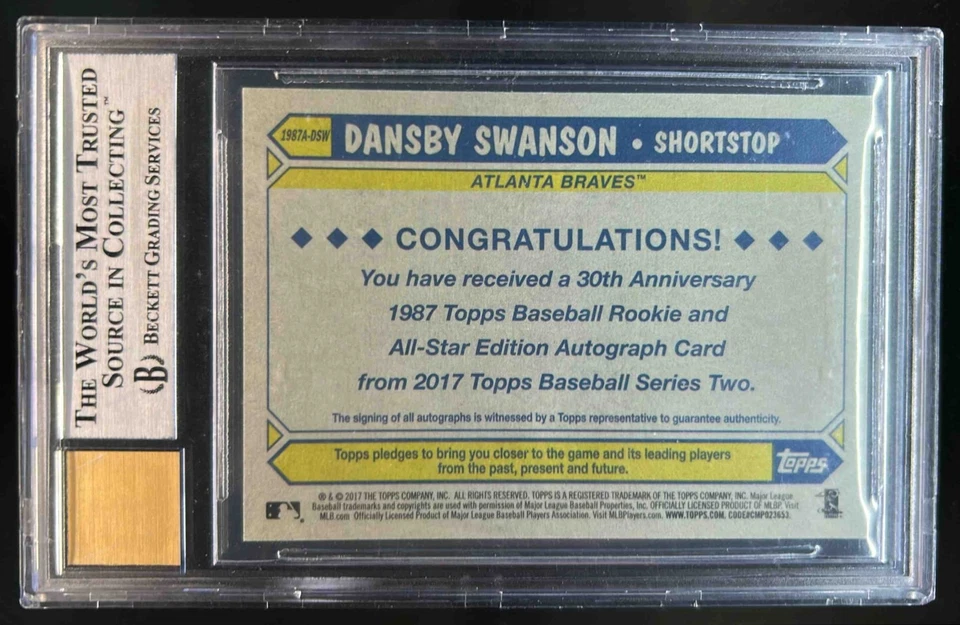 2017 Topps Dansby Swanson 1987 Rookie and All Star Auto RC #1987A-DSW BGS 9/10 - Image 2 of 2