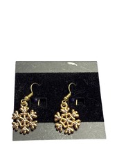Goldtone Clear Rhinestone Snowflake Dangle Earrings 0.75 inch