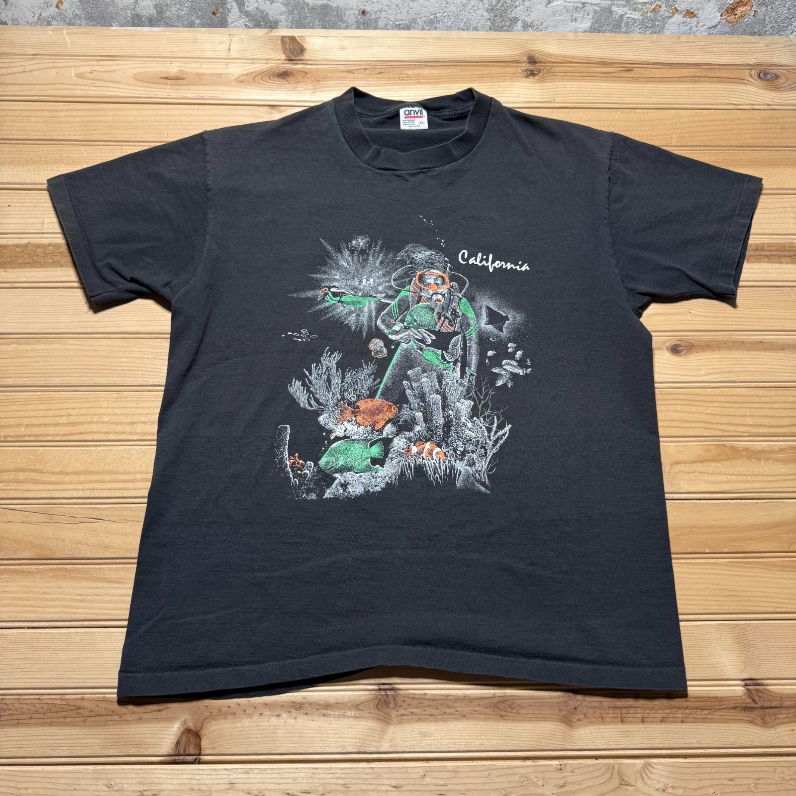 Vintage 90s California Scuba Diver Ocean Marine Life Souvenir T-Shirt USA - XL