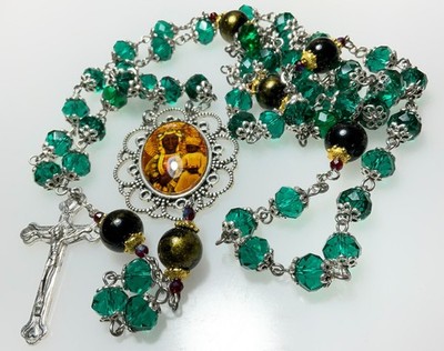 Handmade Rosary Our Lady of Czestochowa Green Beads Black Lapis Lazuli Gemstones