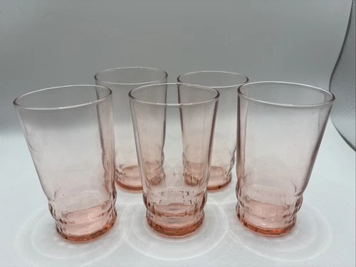 Set Of 5 Vintage Style Pink Depression Glass Juice Glasses.