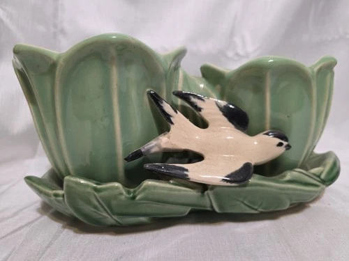 Planter McCoy Pottery Green Double Tulip w/ White & Black Swallow Bird Vintage