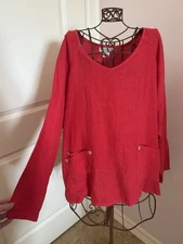 Match Point Red Linen Long Sleeve V Neck Top Size Large Functional Front Pockets