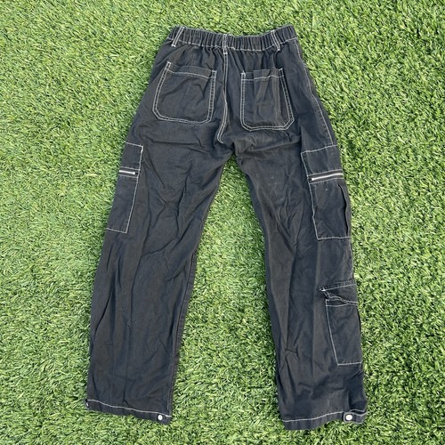 Y2K Black Baggy Grunge Cargo White Contrast Stitching Utility Pants Womens S - Picture 5 of 6