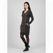 Esprit Womens Sweater Dress Wool Blend Argyle Gray Tan Angora Rabbit Hair Hood S