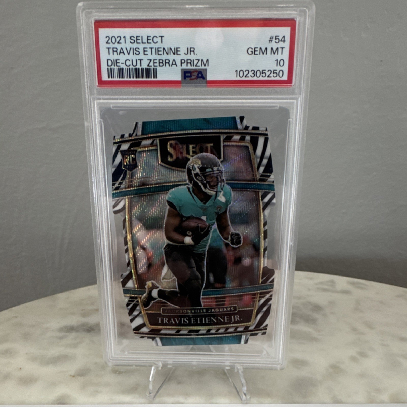 Panini 2021 Select Concourse Travis Etienne Jr. #54 Zebra Prizm Die-Cut PSA 10