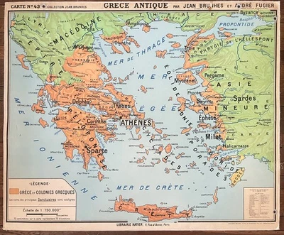 🌏 Ancienne carte scolaire Hatier Brunhes 43, 1940 - Grèce et Italie antiques - Photo 1/4