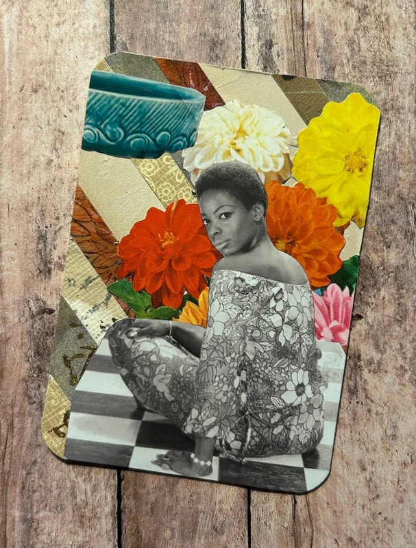 ACEO ORIGINAL Art Card Mod Woman orange yellow vintage papers SIGNED by artist