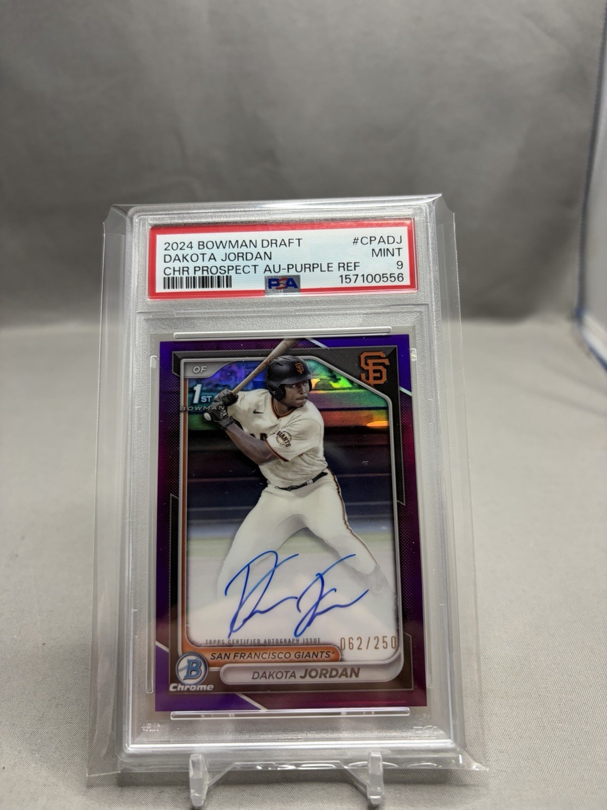 2024 Bowman Chrome Purple Ref Auto Dakota Jordan 1st Bowman (#'d /250) PSA 9