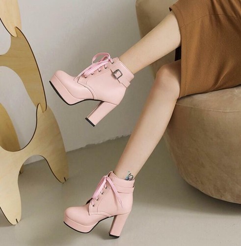 Women High Heels Short Ankle Boots Sweet Lace Up Buckle Chunky Heel Pumps Shoes - Bild 9 von 16