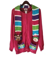 Quacker Factory Pink Full Zip Sweater Cardigan Rudolph Snowman Scarf Holiday L