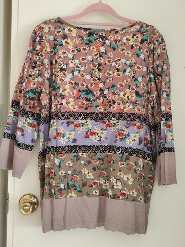 Gracila Women's Tunic Top Pleated Floral V Neck 3/4 Sleeves Cotton Size L - 第 2/6 張圖片