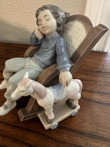 Lladro Spain Figurine 5846 All Tuckered Out Boy Sleeping Rocking Chair Horse - Picture 2 of 6
