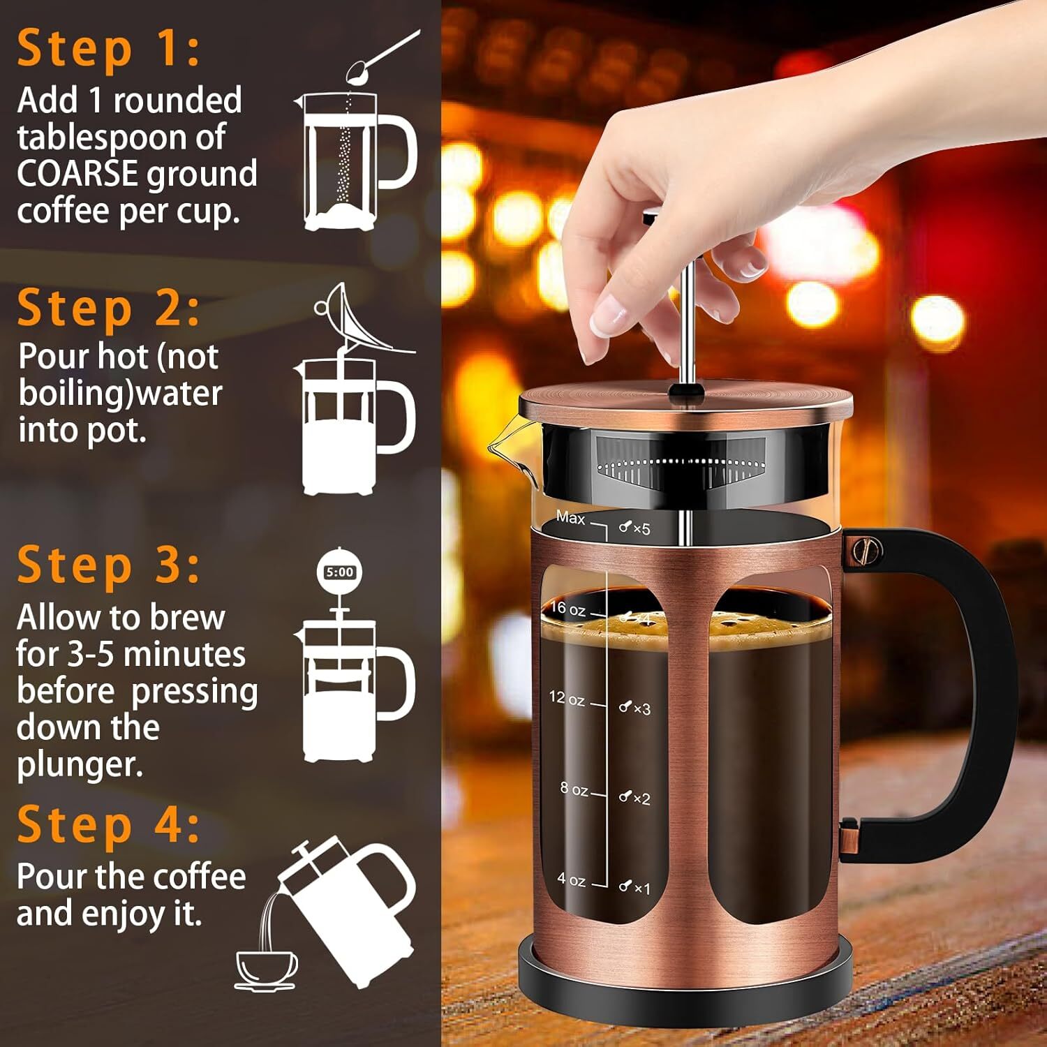 French press coffee maker, heat resistant thick borosilicate glass