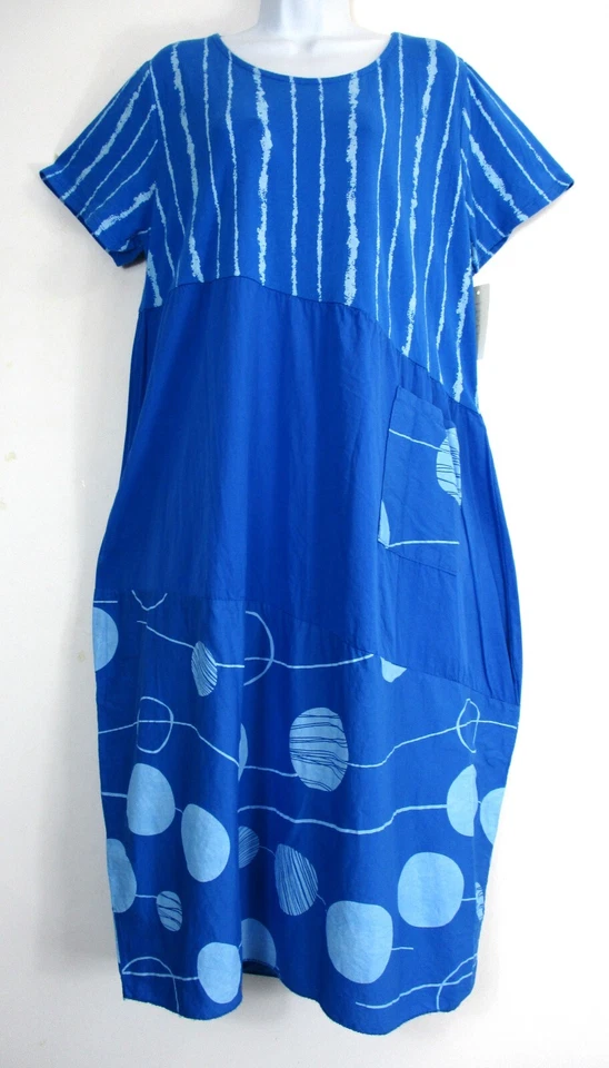 LagenLook Robe D’Été Femme 95% Coton Poches Col Rond Longueur Mollet - Photo 4/4