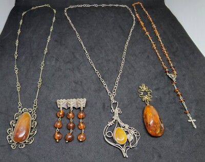 Vintage Baltic Amber Silver Necklace Rosary Brooch Pendant