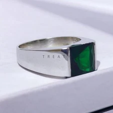 Emerald Square Cut Gemstone With 925 Sterling Silver Ring For Men's #947