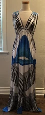 Bold Graphic Stripe Blue Resort Pool Sleeveless Jersey Maxi Dress S/M EUC drama