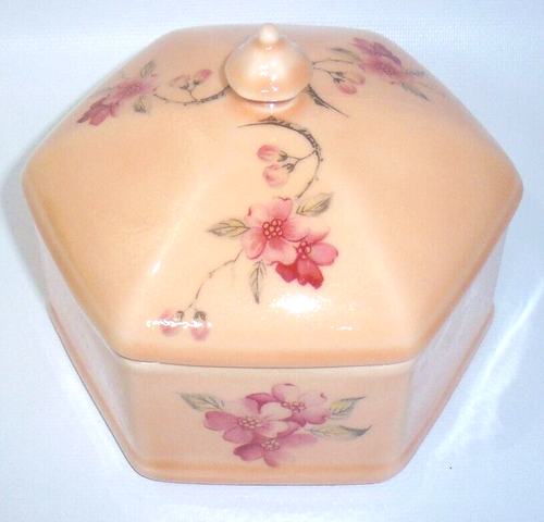 Scatola del tesoro vanità vintage porcellana ricoperta floreale rosa pesca bordeaux - Foto 1 di 7