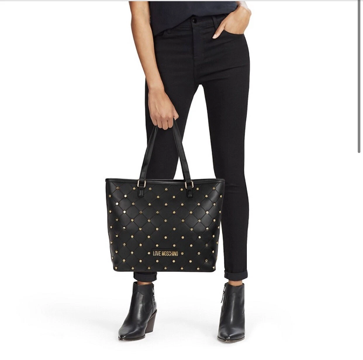 Love Moschino Borsa Nera a Spalla o Borsetta Borchia Oro Logo Borsa Pu Nero
