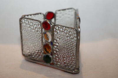 Hand Crafted Artisan Stained Leaded Glass Votive Candle Holder Signed ?Anton?   