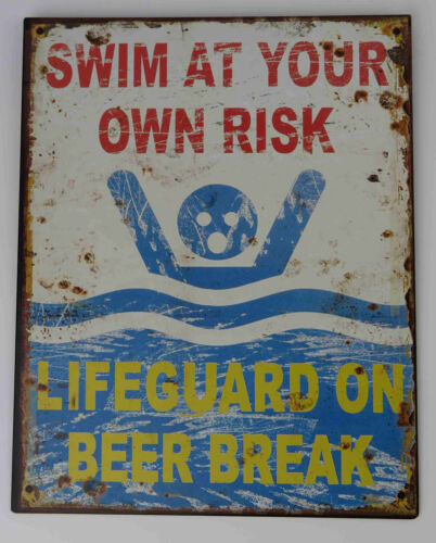 Blechschild witziges Warnschild Swim at your own risk Nostalgie Schild Bad Deko - Picture 1 of 3